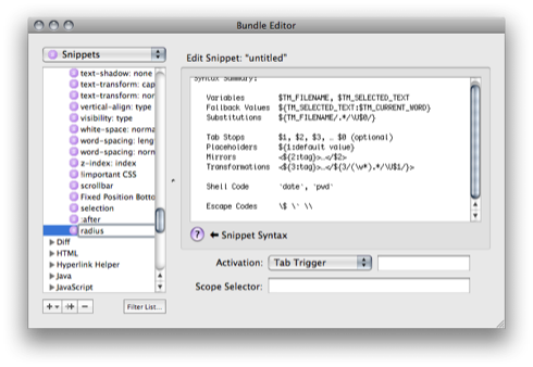 TextMate’s bundle editor for a CSS snipplet with tab trigger